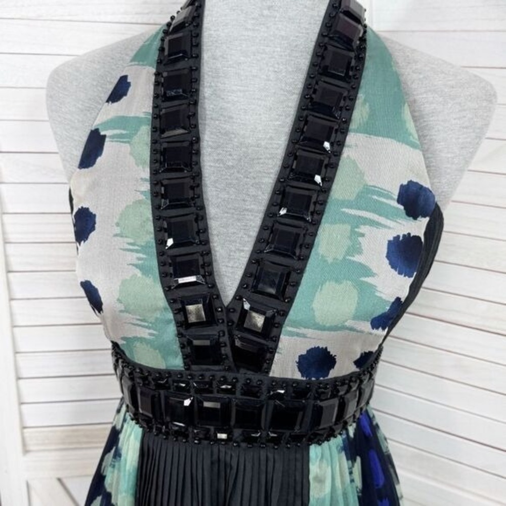 Zara Beaded Silk Pleated Multi Pattern Fit Flare Halter Dress Black Teal Medium - Picture 5 of 15
